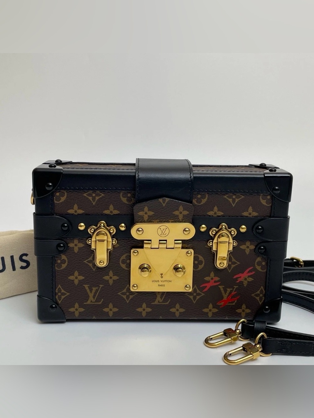 LOUIS VUITTON Petite Malle Monogram Canvas Black Lambskin Trim Shoulder Bag GHW